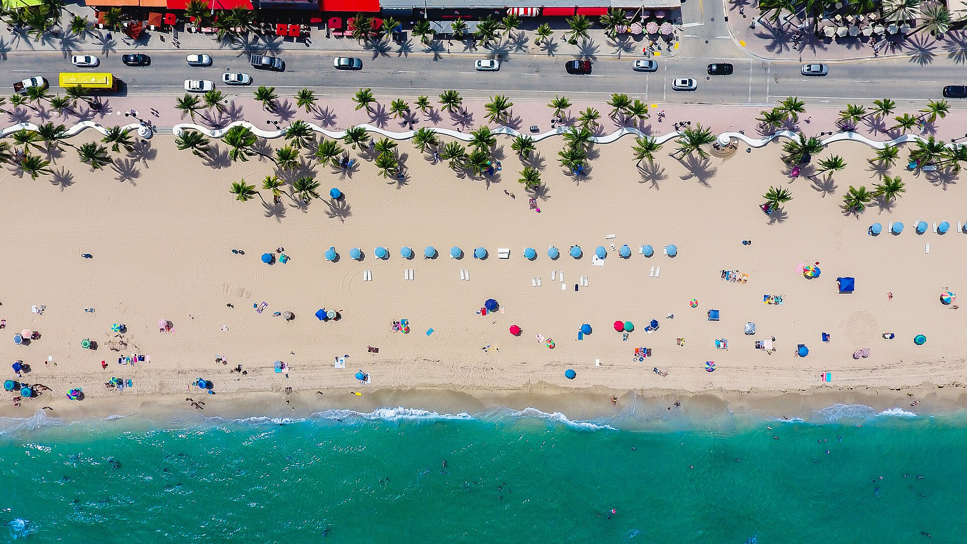 An overhead view of Fort Lauderdale’s beachfront and Atlantic water